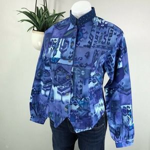 Vtg Roper Western Rodeo Shirt Blue Batik Studded Collar Cropped Women’s Size M